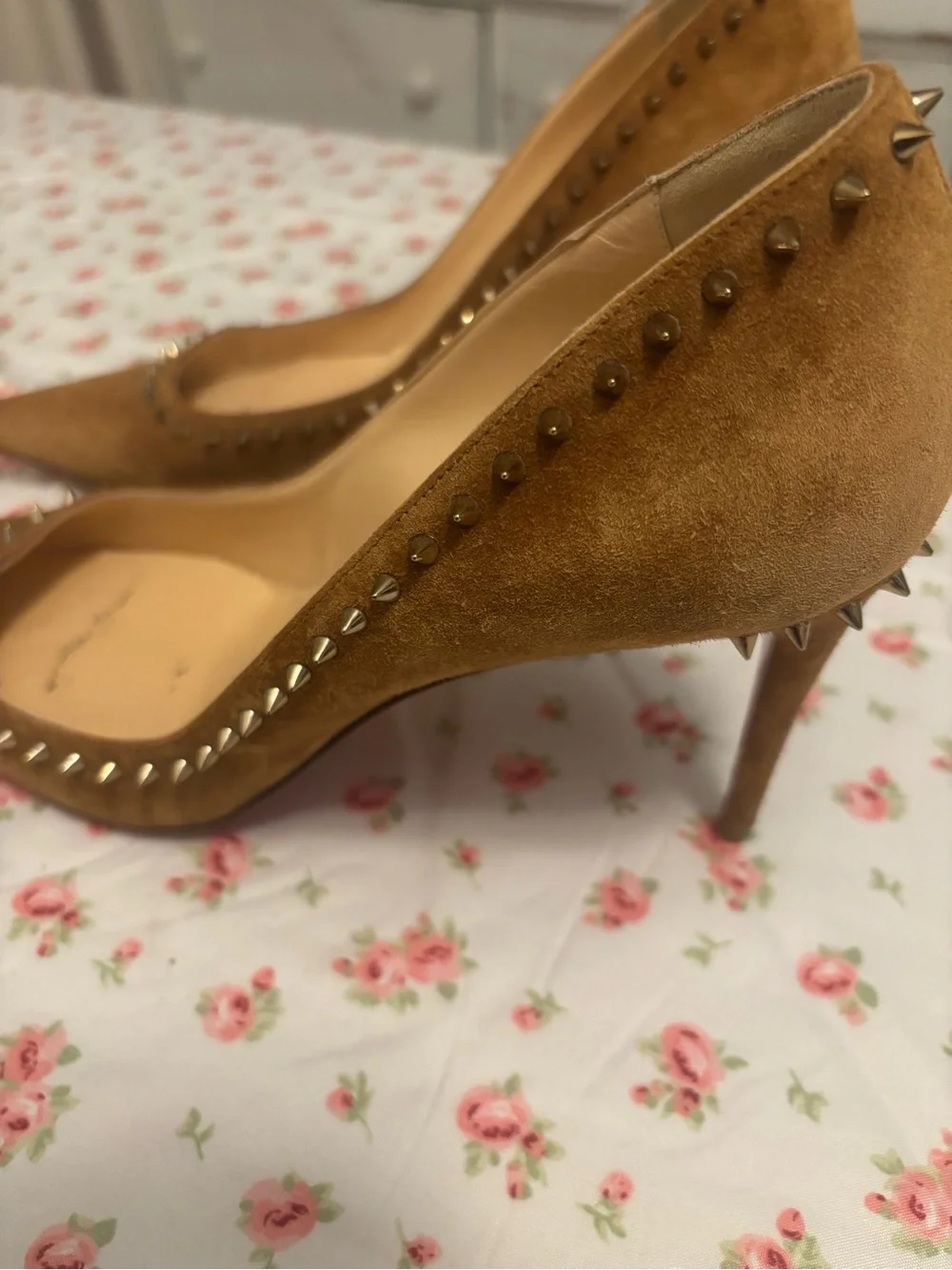 Christian Louboutin Camel Suede Spike-Trim Pointed Pumps
